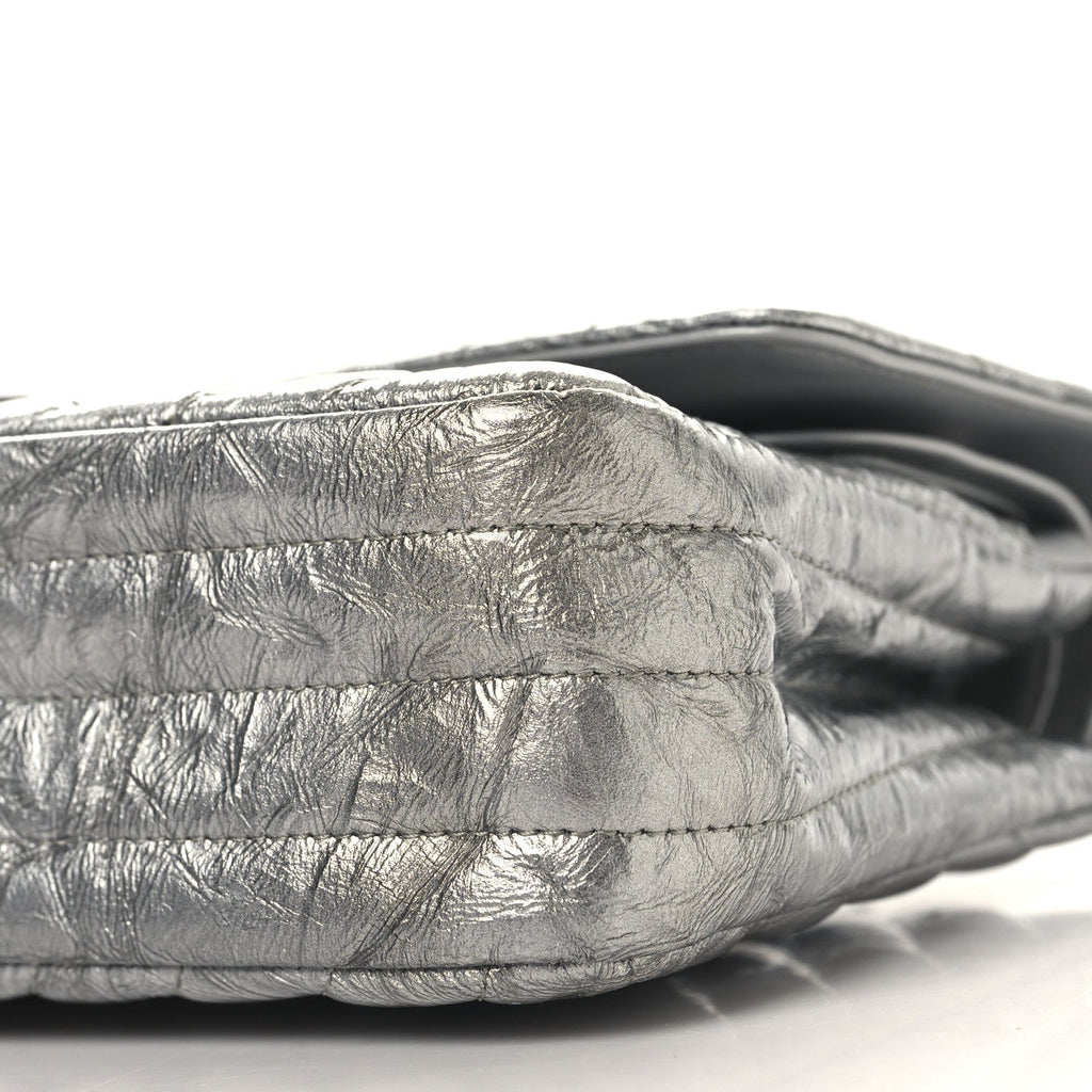 Metallic Patent Crumpled Calfskin Chevron Quilted Medium Double Flap Silver