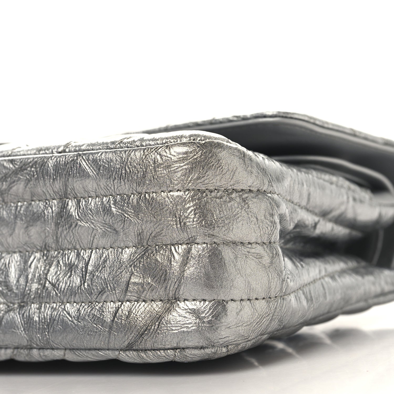 Metallic Patent Crumpled Calfskin Chevron Quilted Medium Double Flap Silver
