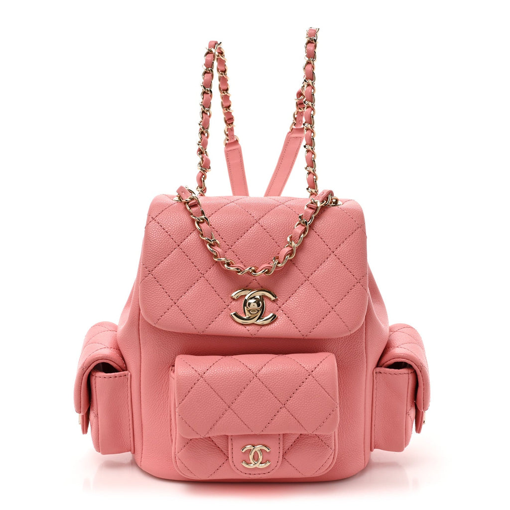 Shiny Caviar Quilted Small Pockets Drawstring Backpack Pink