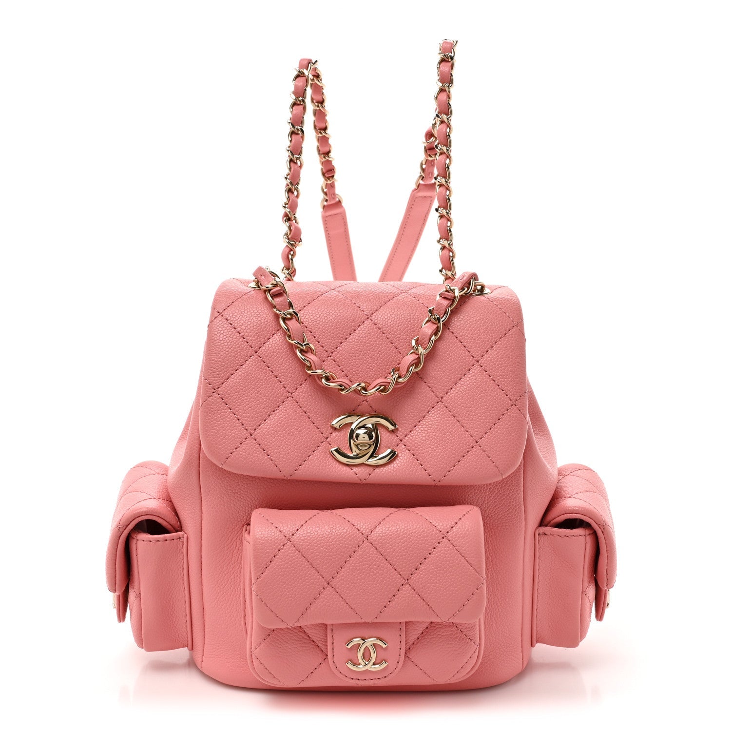 Shiny Caviar Quilted Small Pockets Drawstring Backpack Pink