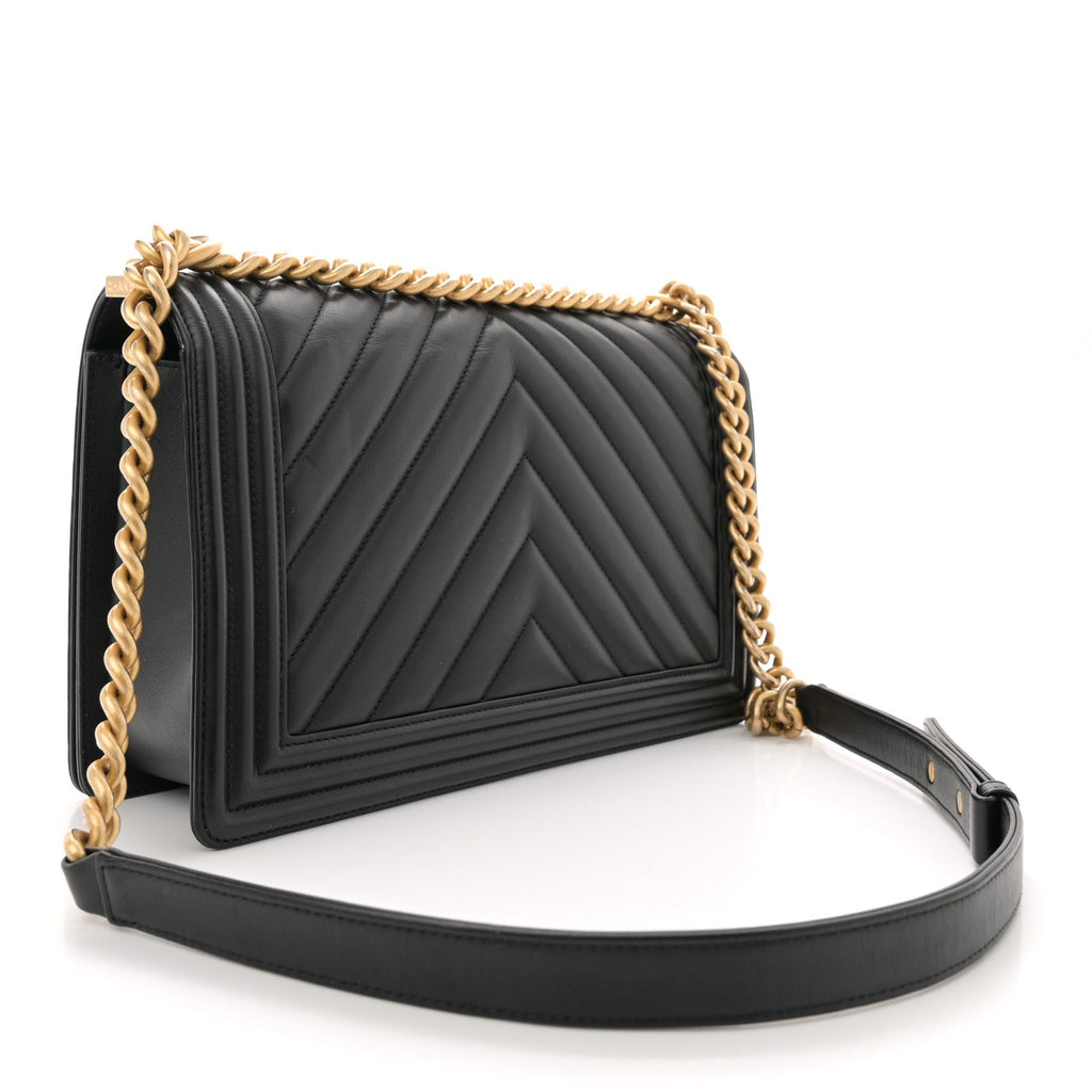Calfskin Chevron Quilted New Medium Boy Flap Black