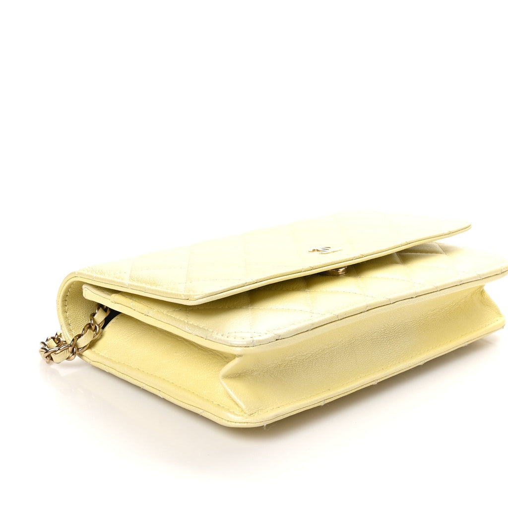 Iridescent Goatskin Quilted Wallet on Chain WOC Light Yellow