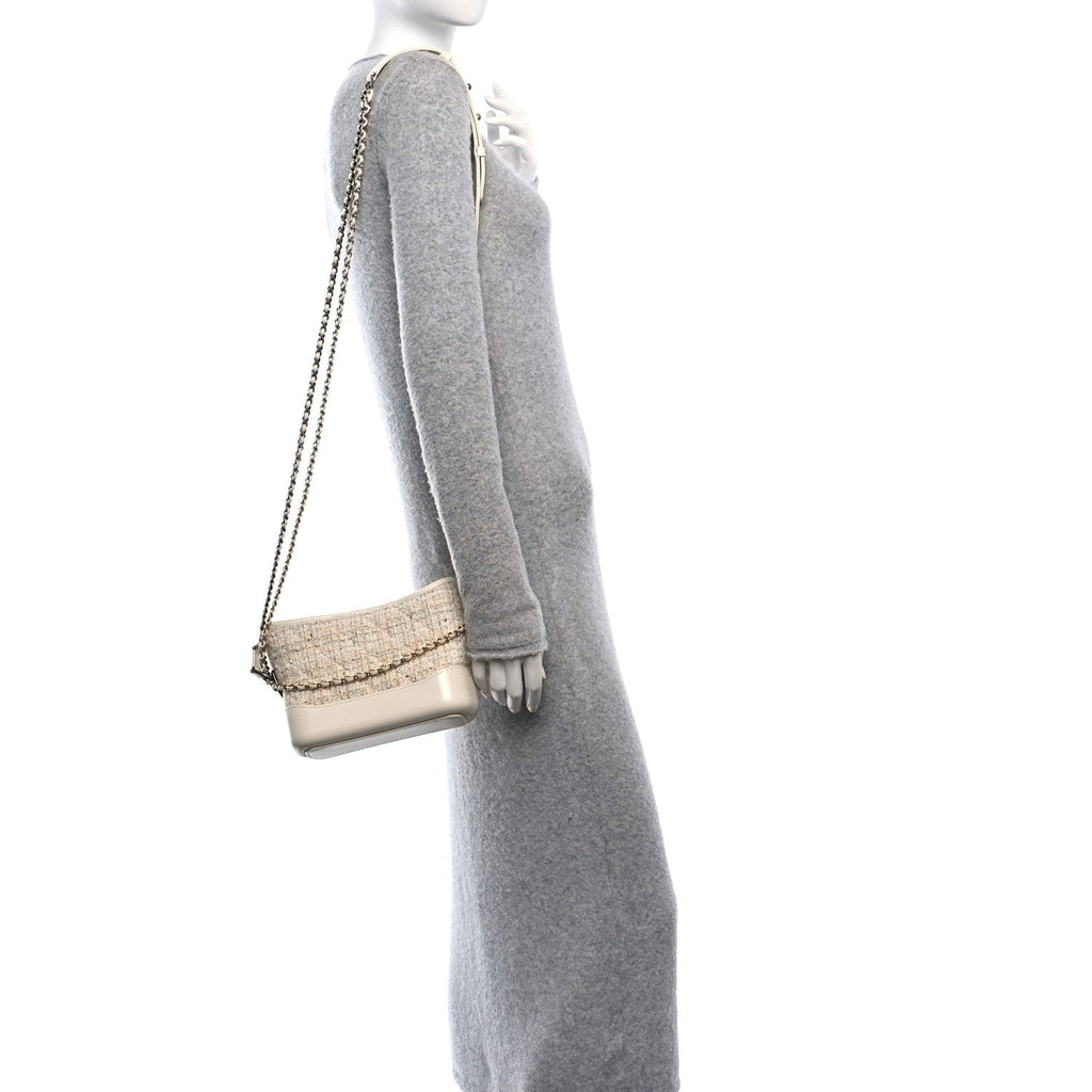 Tweed Calfskin Quilted Small Gabrielle Hobo Beige Ivory