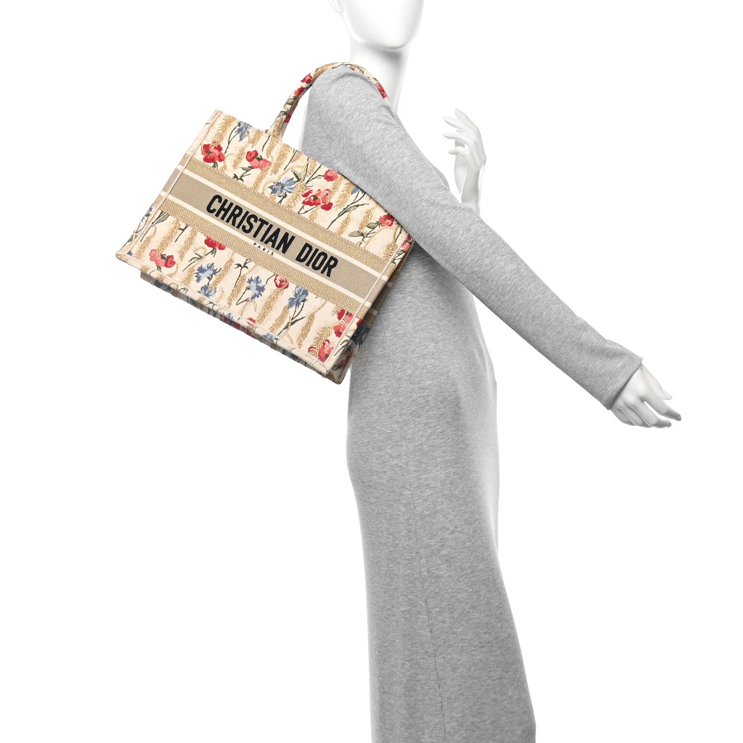 Canvas Embroidered Medium Hibiscus Book Tote Beige Multicolor