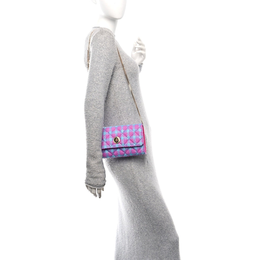 Tweed Quilted Medusa Wallet on Chain Crossbody Pink Blue