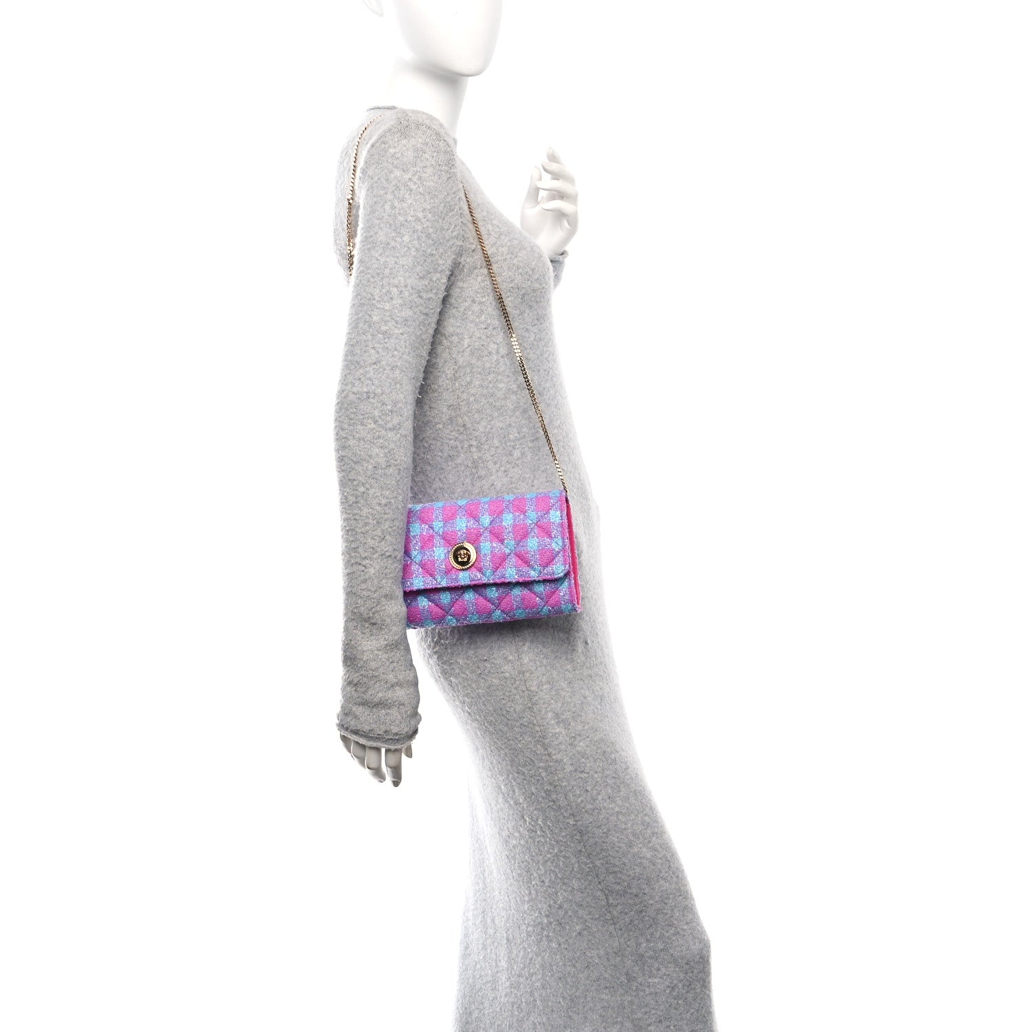 Tweed Quilted Medusa Wallet on Chain Crossbody Pink Blue