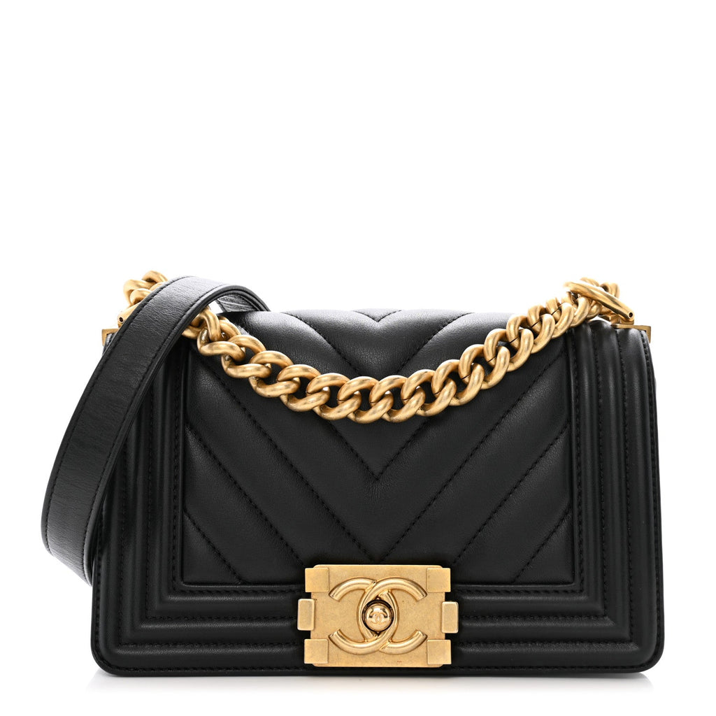 Lambskin Chevron Quilted Small Boy Flap Black