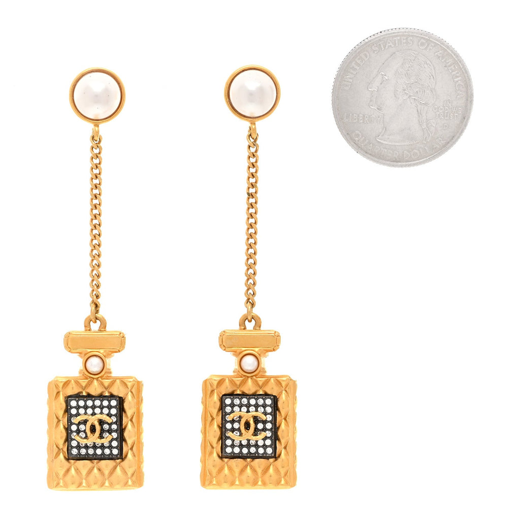 Crystal Pearl CC Perfume Bottle Chain Drop Earrings Gold