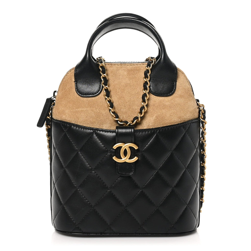 Suede Shiny Lambskin Quilted Top Handle Clutch With Chain Black Beige