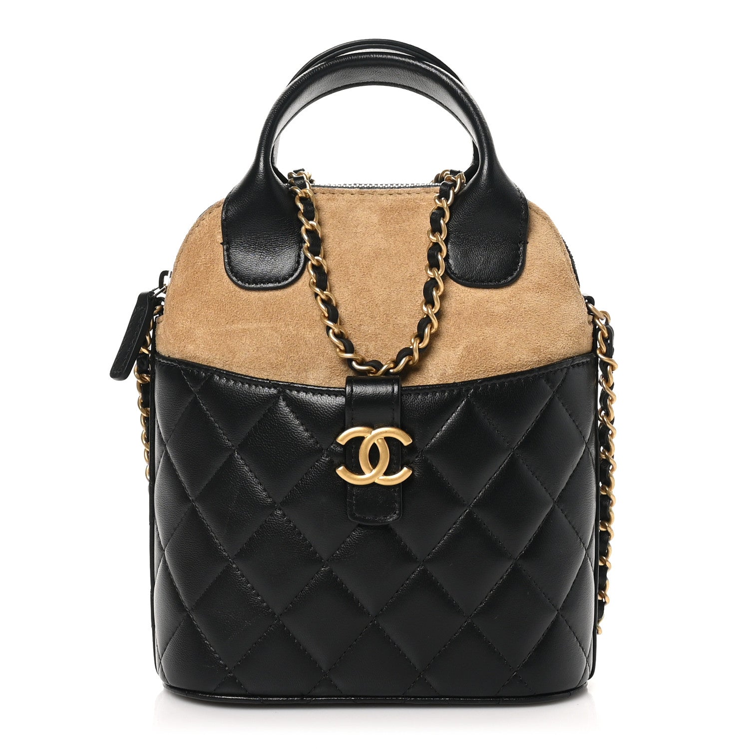 Suede Shiny Lambskin Quilted Top Handle Clutch With Chain Black Beige