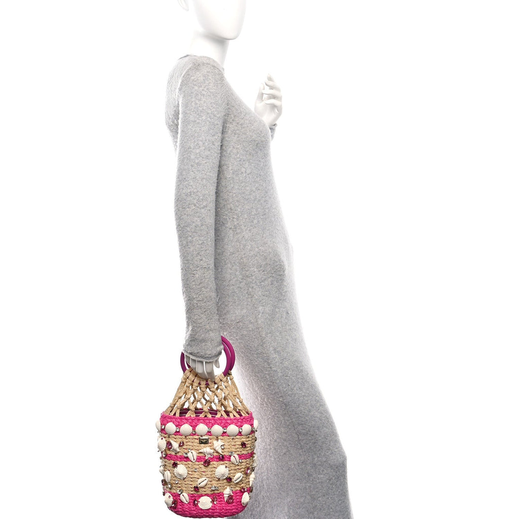 Raffia Crystal Seashell Bucket Bag Natural Pink