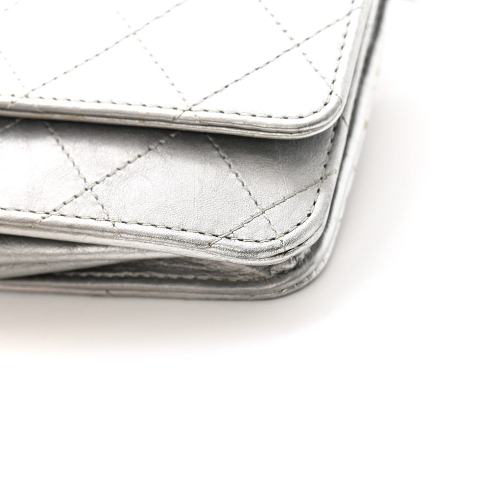Metallic Aged Calfskin Quilted Wallet on Chain WOC Silver