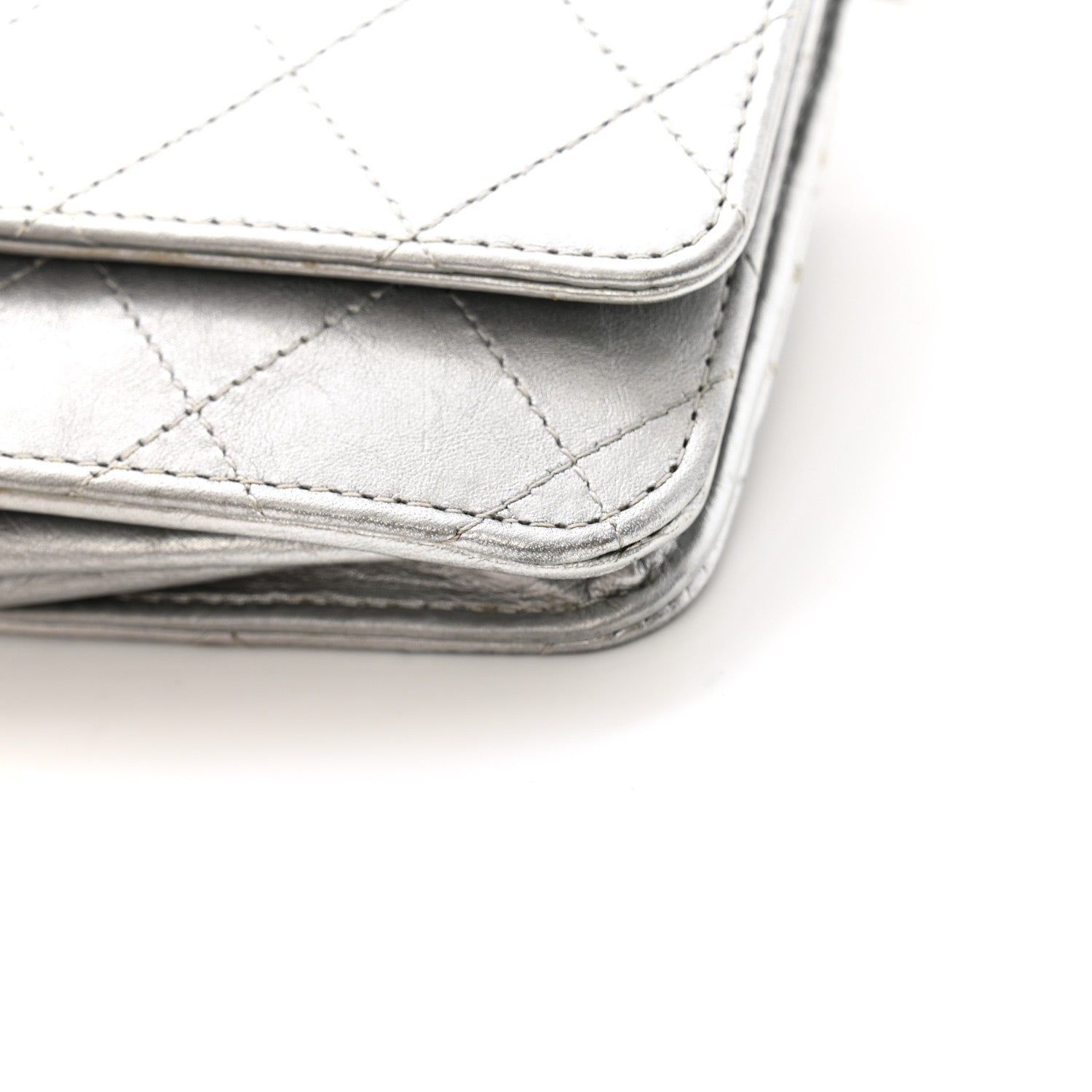 Metallic Aged Calfskin Quilted Wallet on Chain WOC Silver