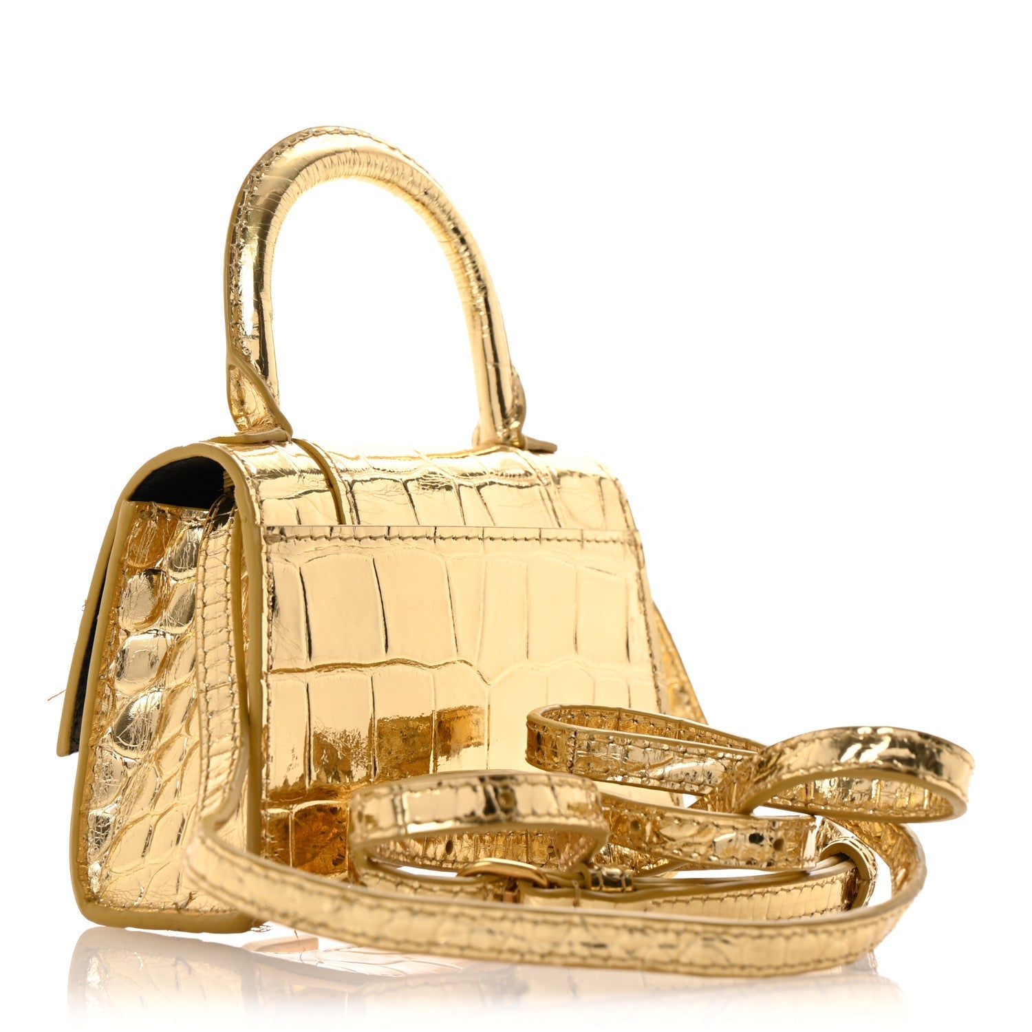 Metallic Calfskin Crocodile Embossed Hourglass Top Handle Bag Mini Gold