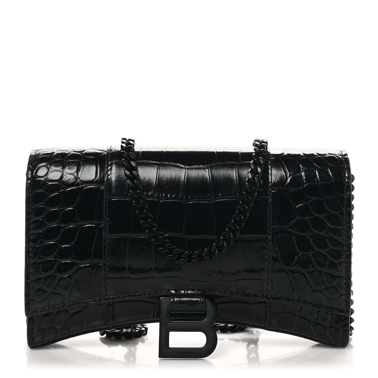 Shiny Calfskin Monochrome Crocodile Embossed Hourglass Chain Bag Black