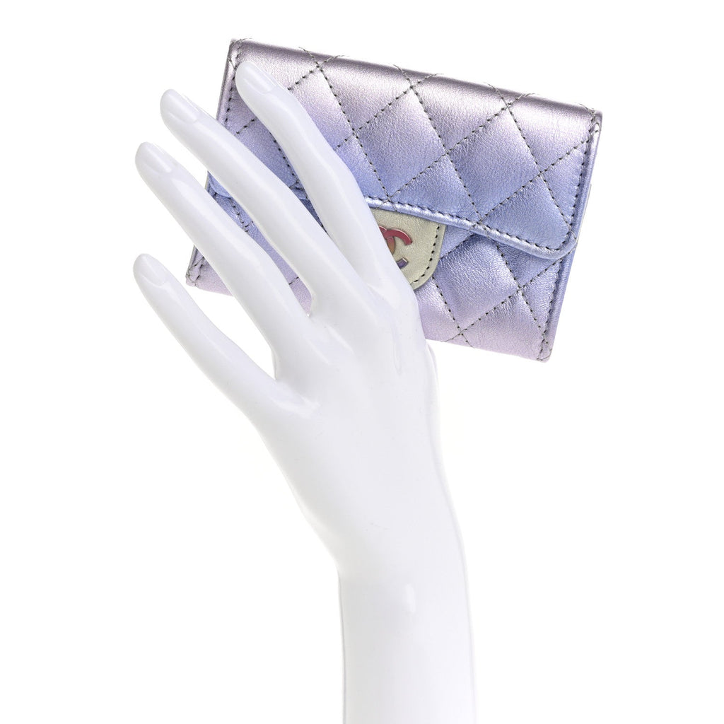 Gradient Metallic Calfskin Quilted Flap  Holder Wallet Silver Blue Yellow Purple