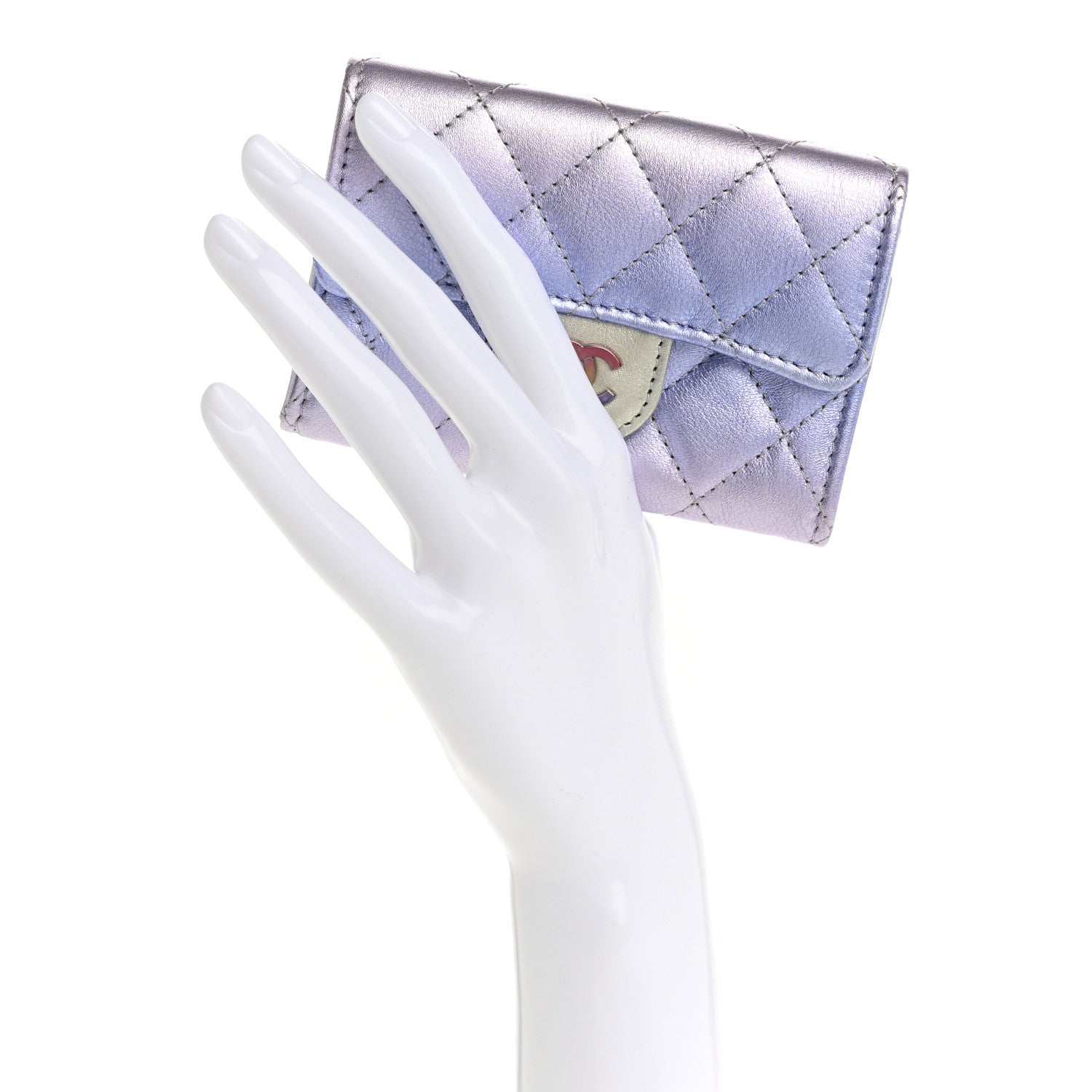 Gradient Metallic Calfskin Quilted Flap  Holder Wallet Silver Blue Yellow Purple