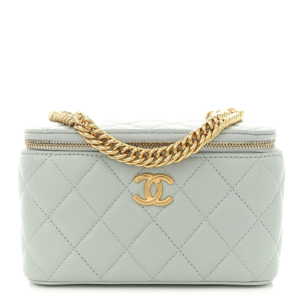 Lambskin Enamel Quilted Logo Small Vanity Case With Chain Light Grey