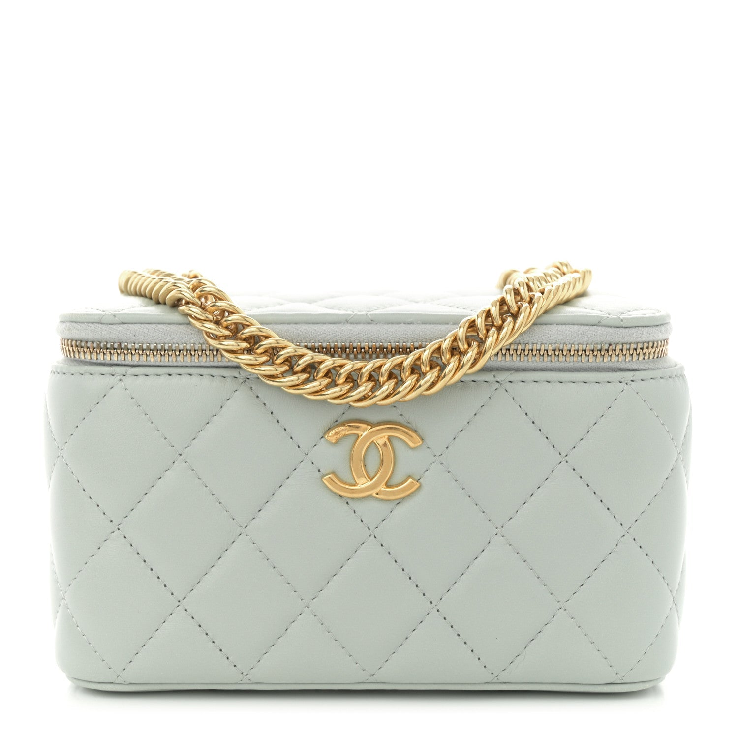 Lambskin Enamel Quilted Logo Small Vanity Case With Chain Light Grey