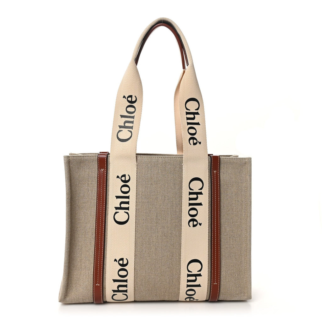 Linen Calfskin Medium Woody Ribbon Tote White Brown