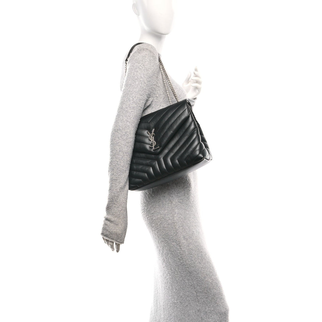 Calfskin Y Quilted Monogram Medium Loulou Chain Satchel Black
