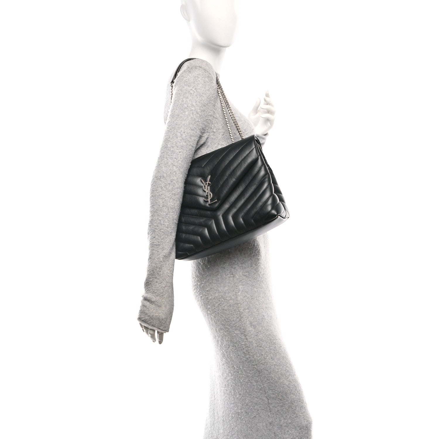 Calfskin Y Quilted Monogram Medium Loulou Chain Satchel Black