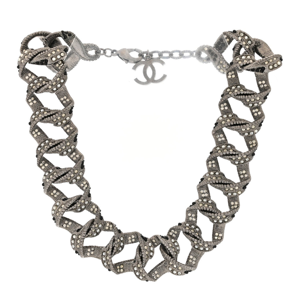 Ruthenium Crystal Pearl Chain Choker Necklace