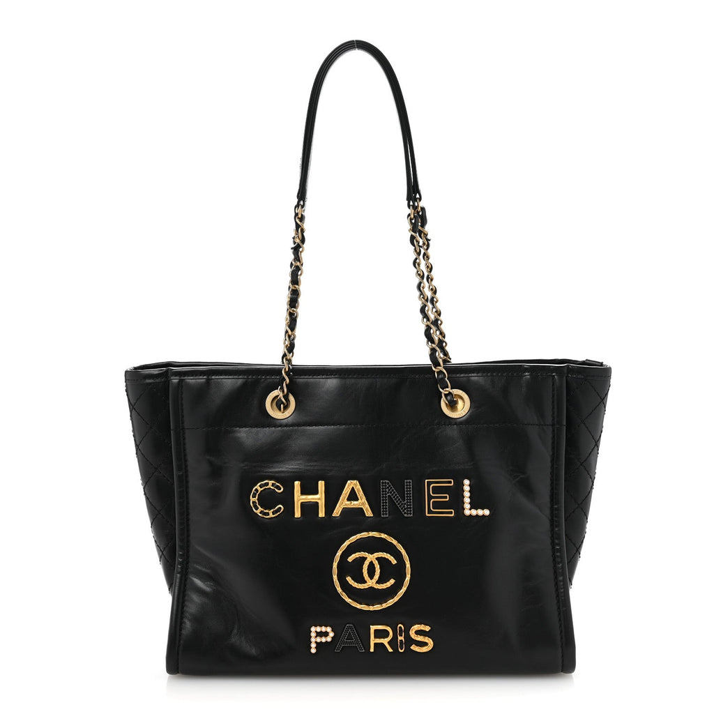 Aged Calfskin Small Charms Deauville Tote Black