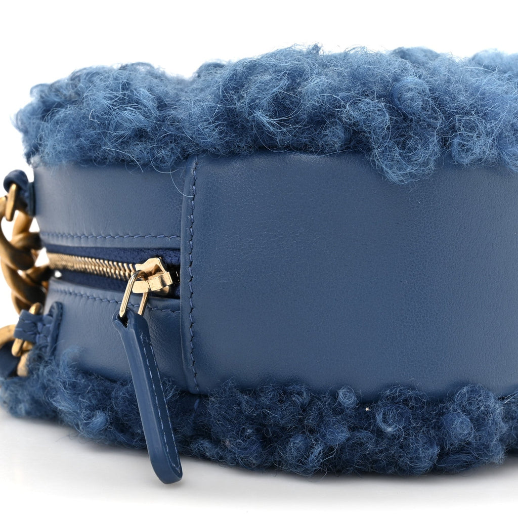 Shearling Sheepskin Chanel 19 Round Clutch With Chain Blue