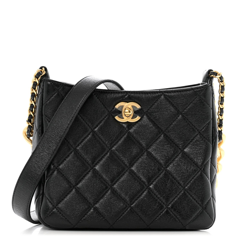 Lambskin Quilted Multi Chain Hobo Black
