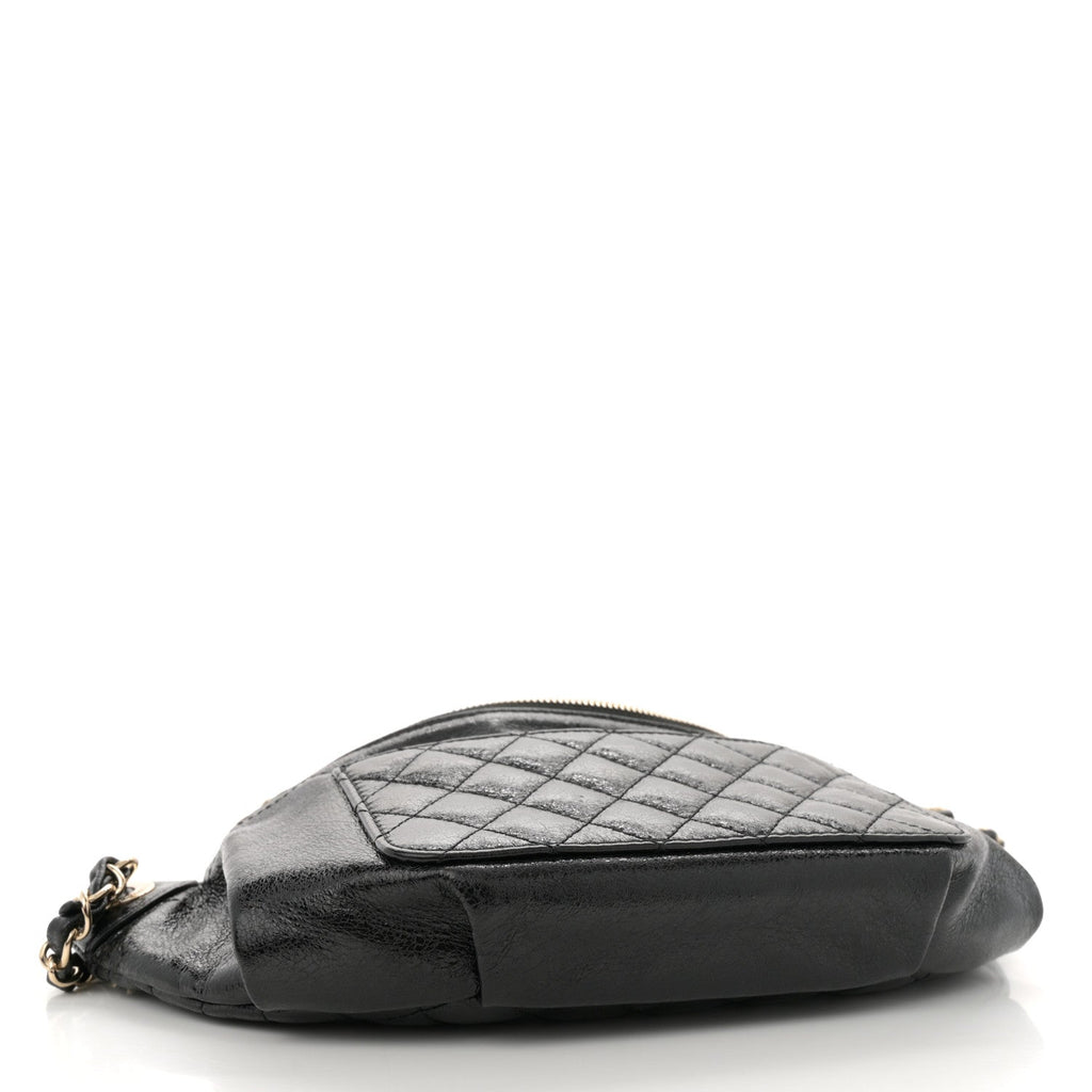 Crumpled Glazed Lambskin Quilted Waist Bag Fanny Pack Black