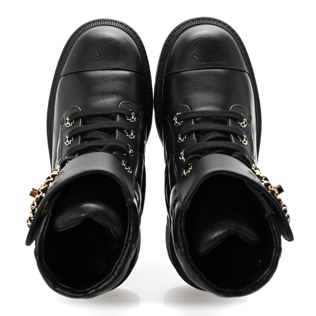 Lambskin Calfskin Quilted Lace Up Combat Boots 37 Black