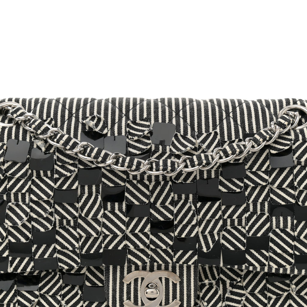 Canvas Sequin Stripe Medium Double Flap Black White