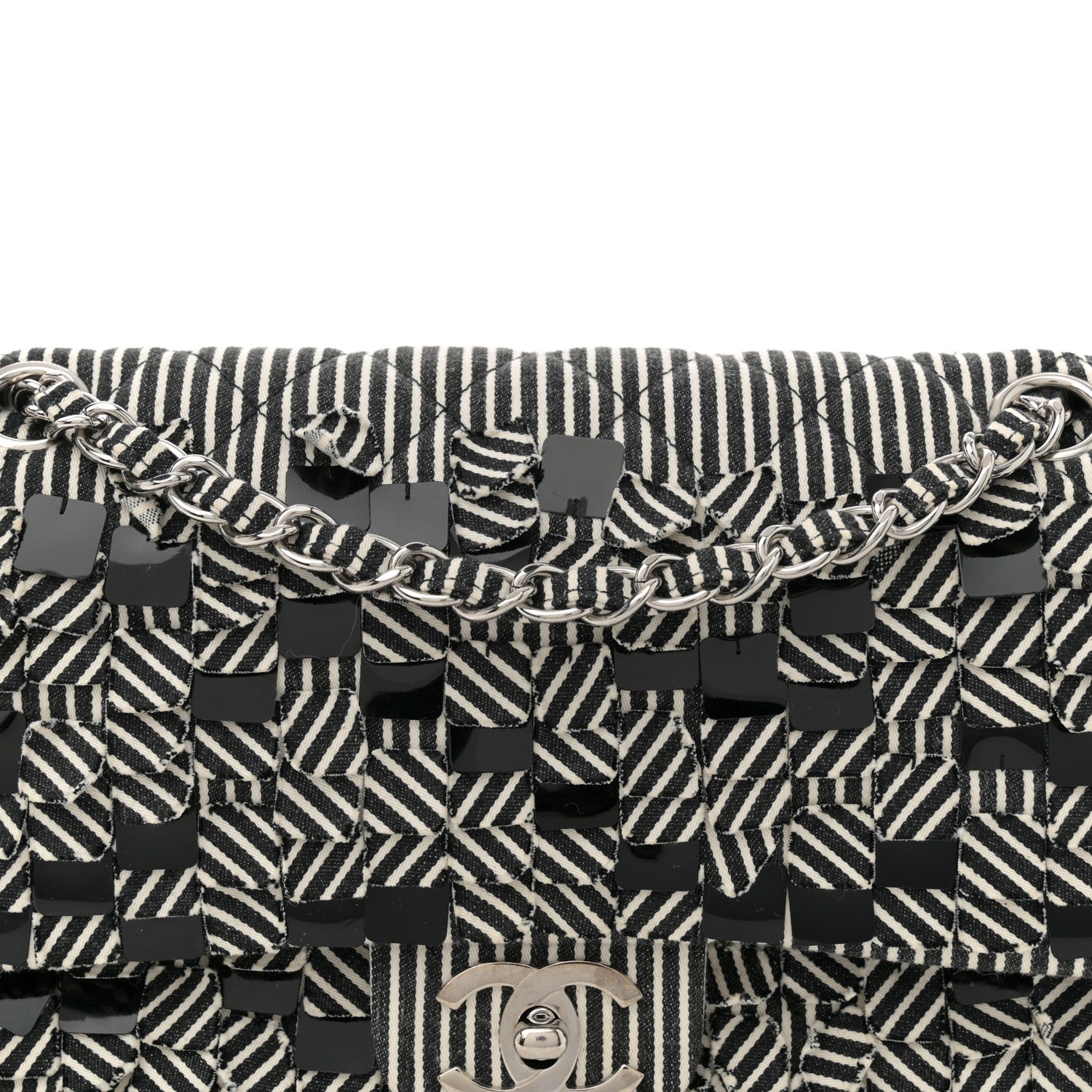 Canvas Sequin Stripe Medium Double Flap Black White