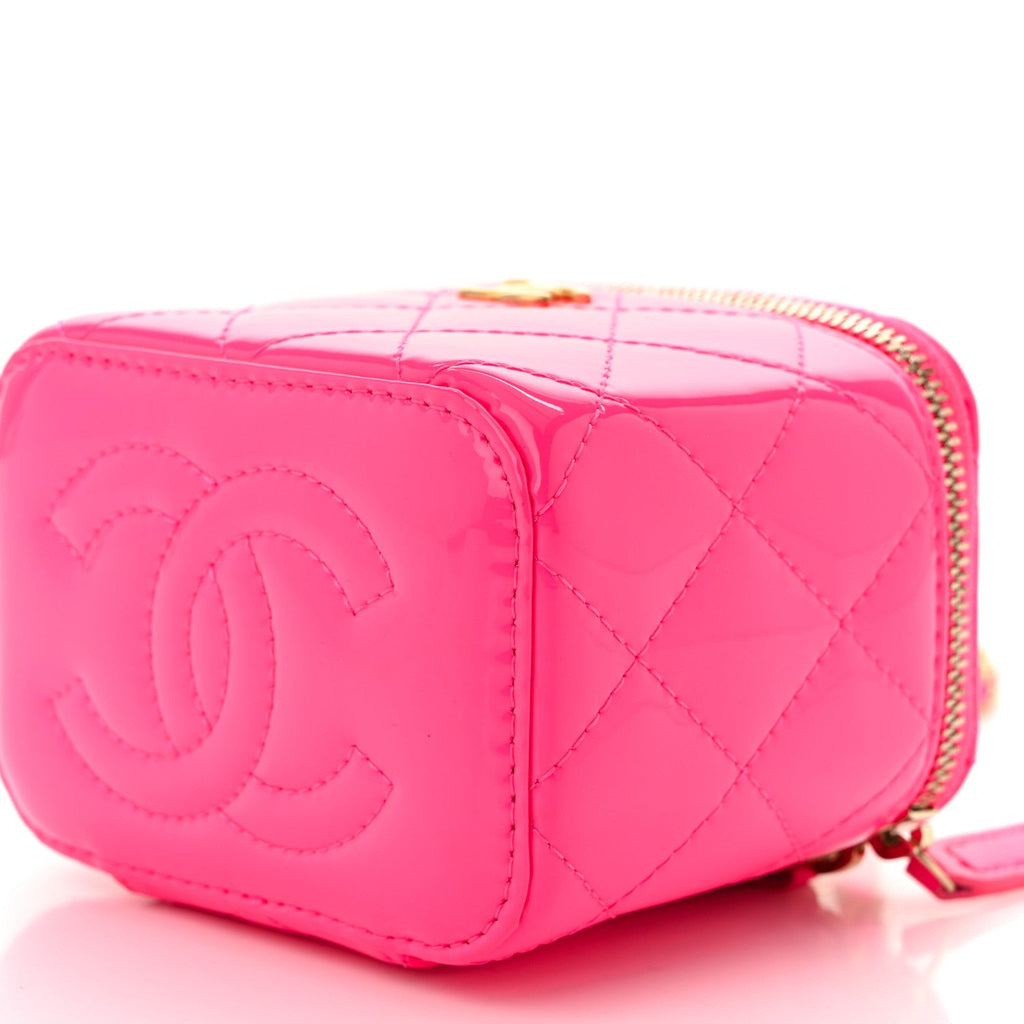 Patent Quilted Pearl Crush Mini Vanity Case With Chain Neon Pink