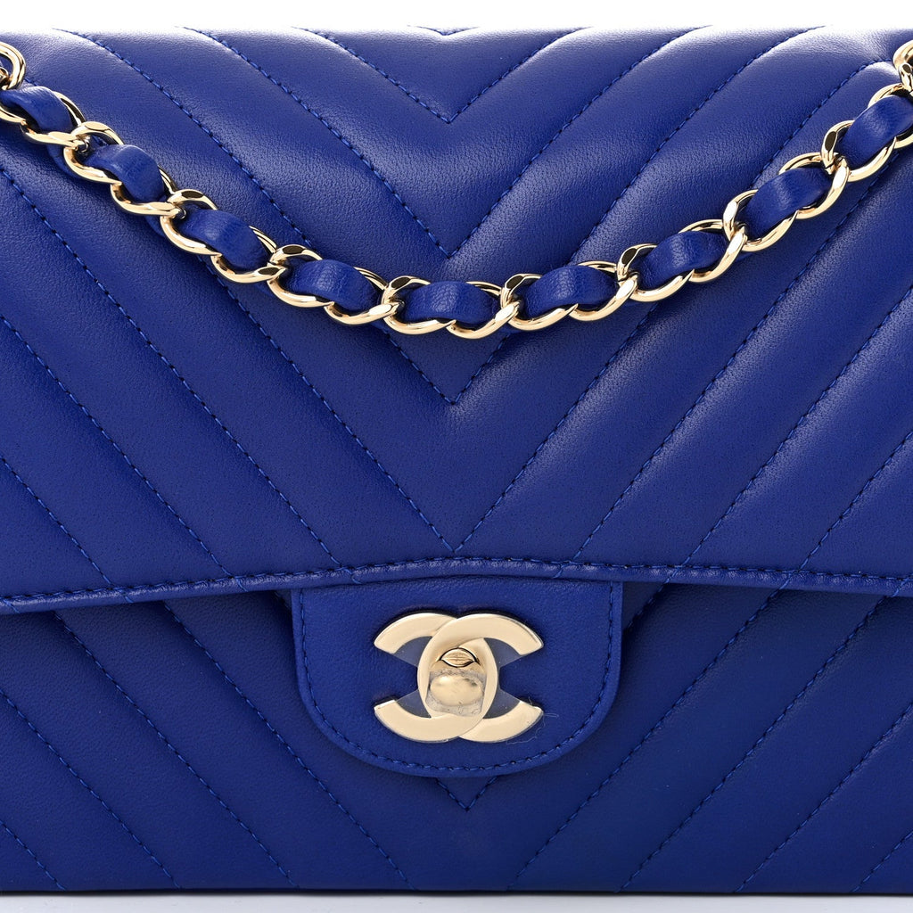 Lambskin Chevron Quilted Medium Double Flap Blue