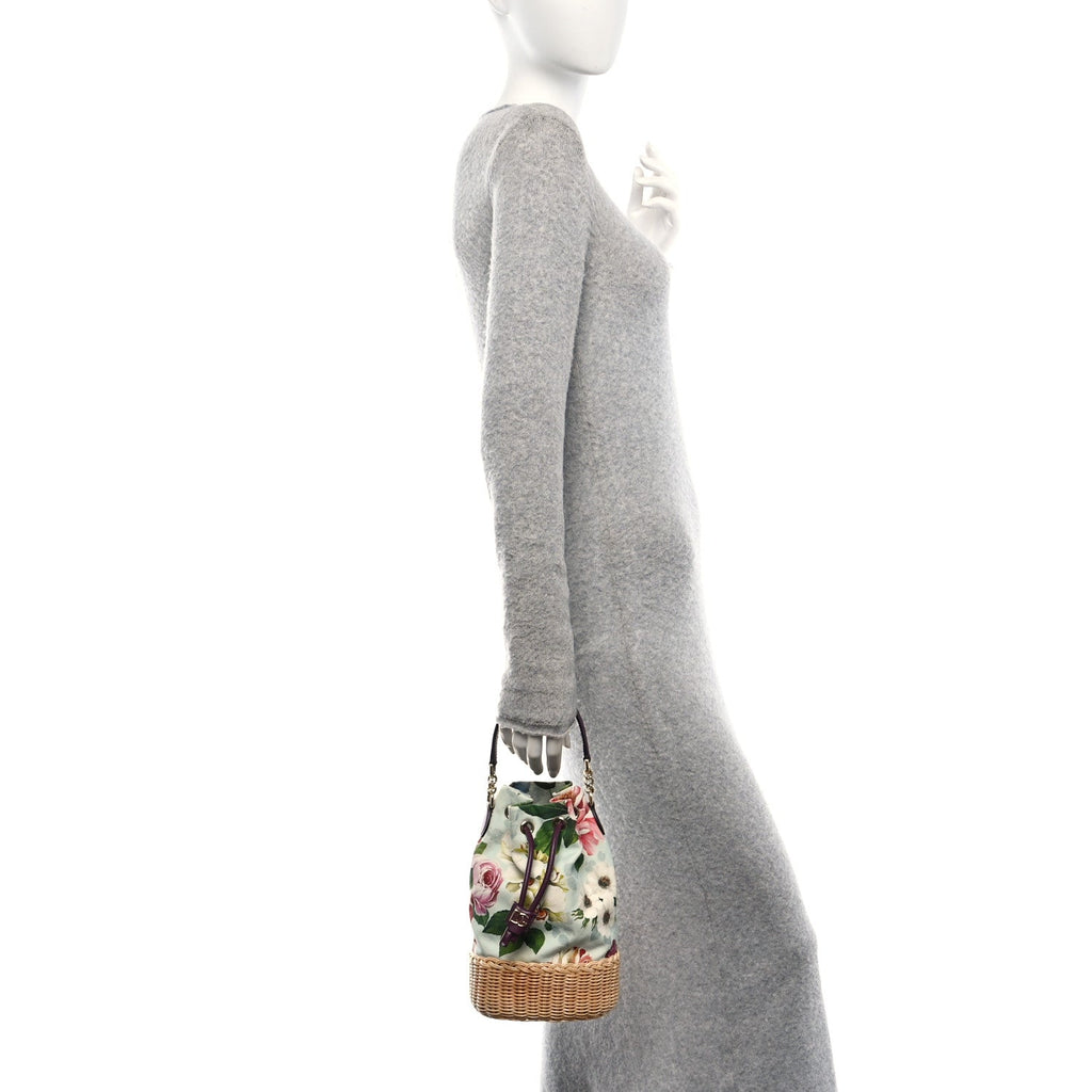Wicker Canvas Floral Print Millennials Bucket Bag Multicolor