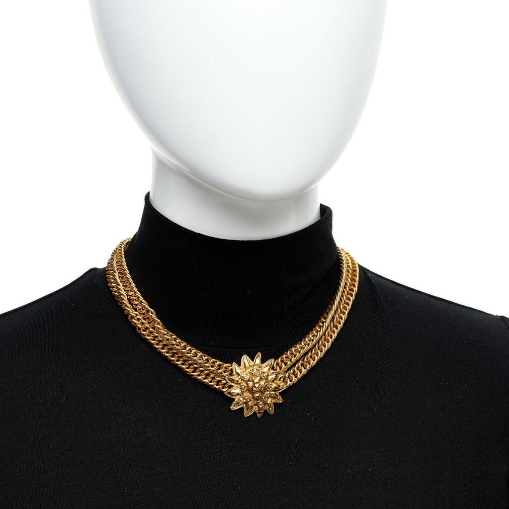 Multi Strand Chain Leo Lion Sun Medallion Necklace Gold