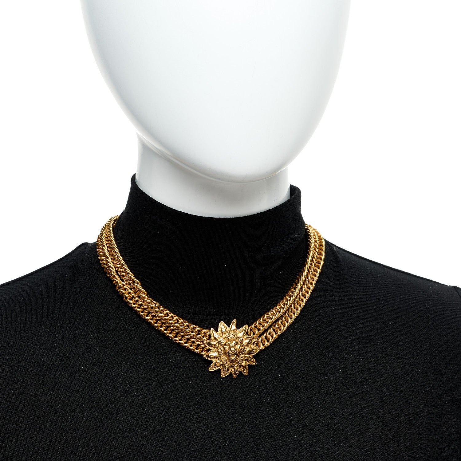 Multi Strand Chain Leo Lion Sun Medallion Necklace Gold