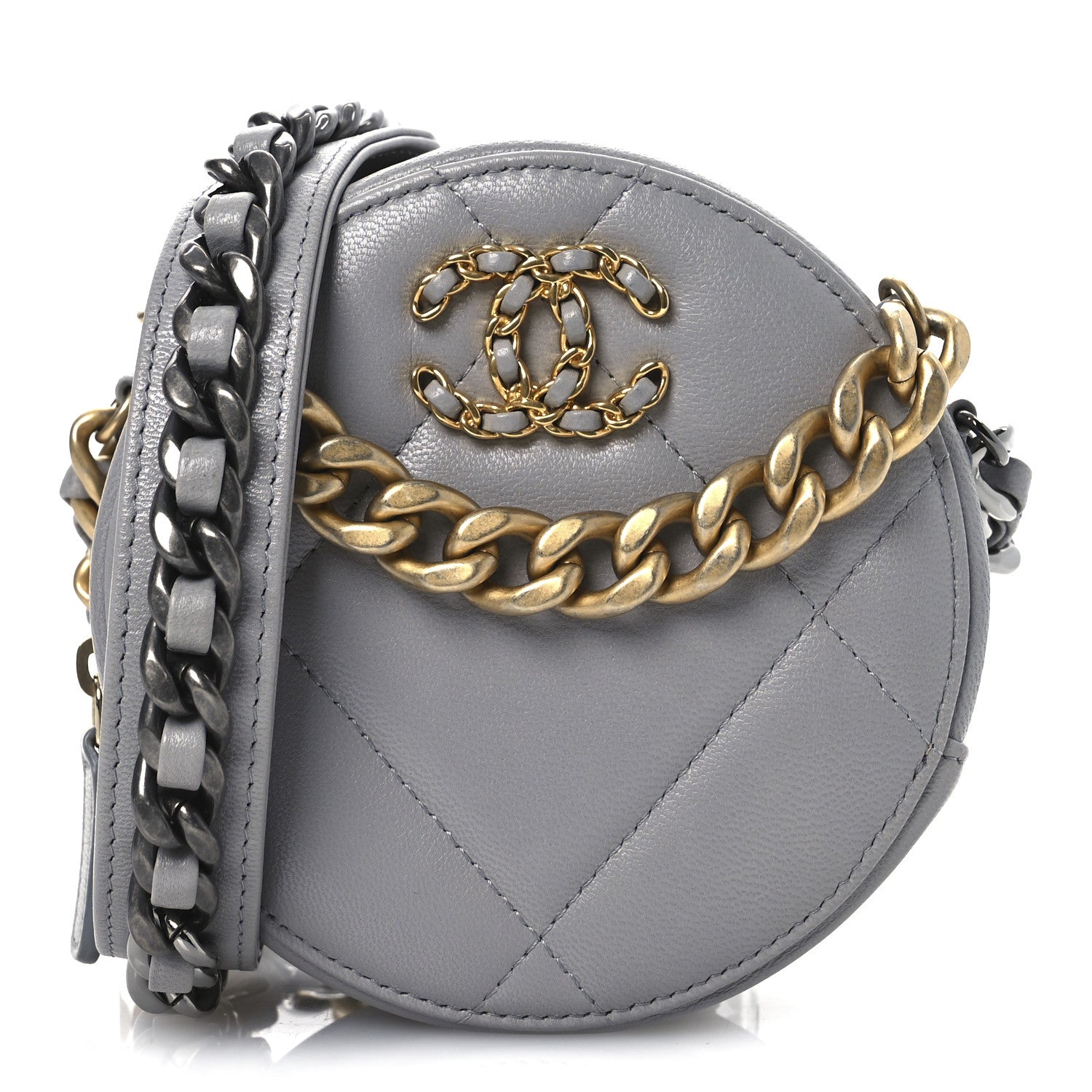 Lambskin Quilted Chanel 19 Round Clutch With Chain Grey