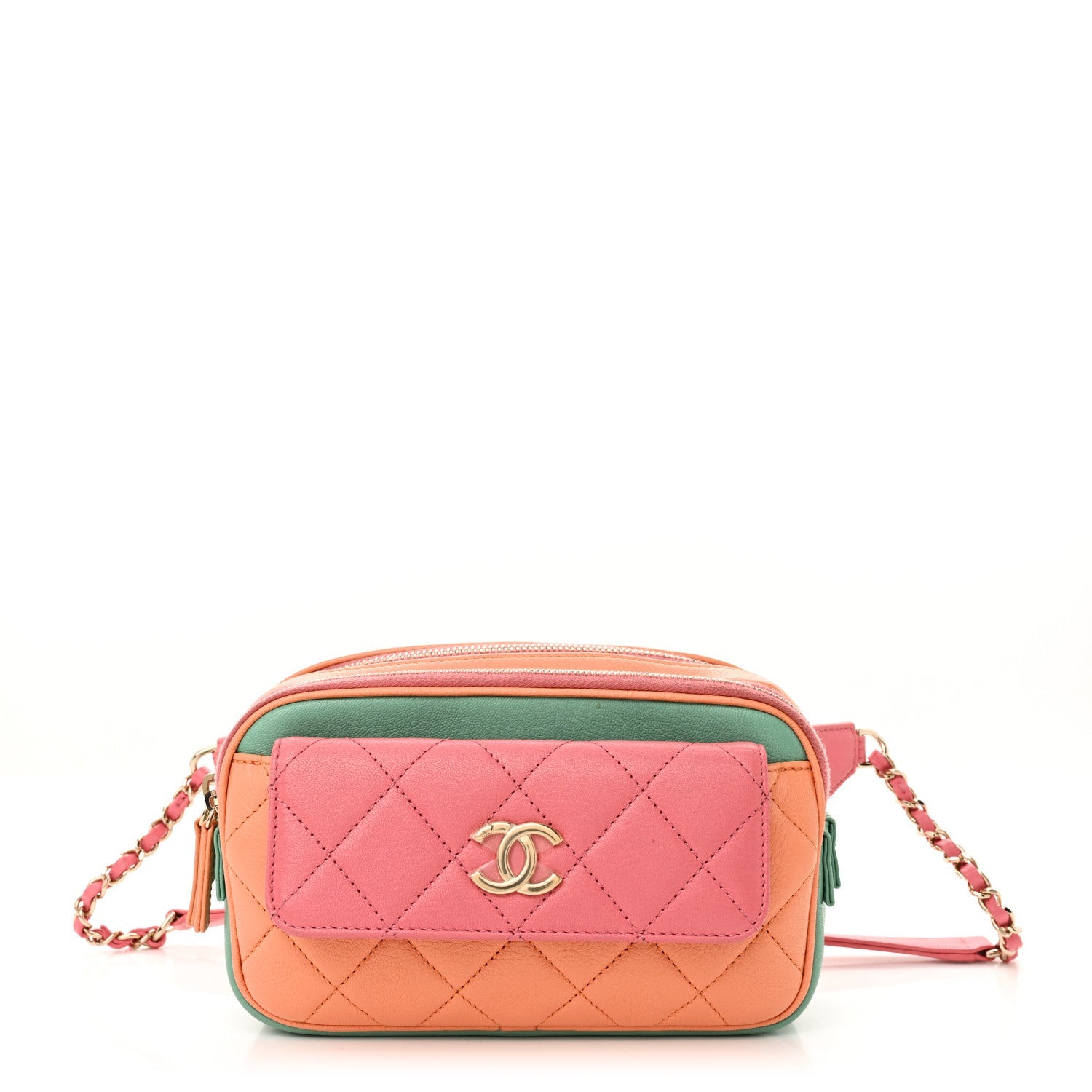 Goatskin Quilted Tri-Color In & Out Waist Bag Orange Green Pink