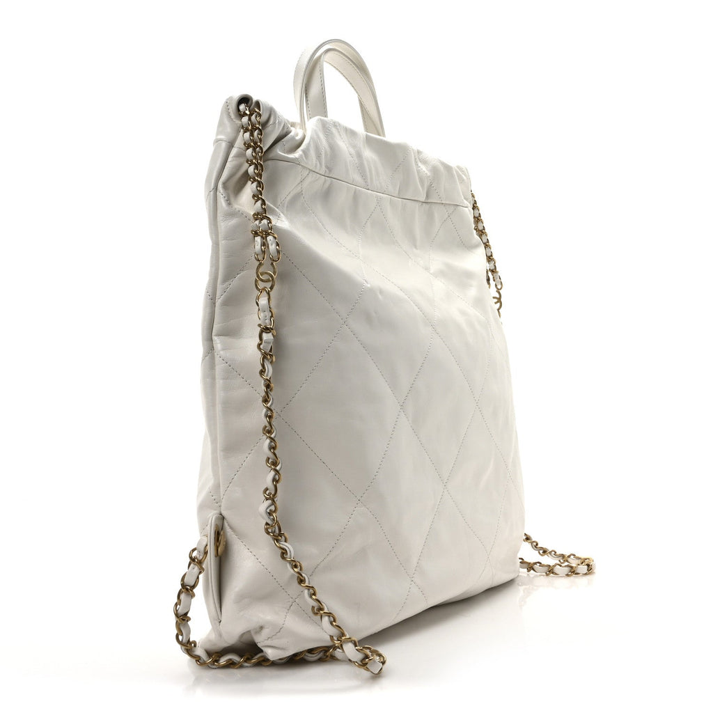 Shiny Calfskin Quilted Chanel 22 Backpack White
