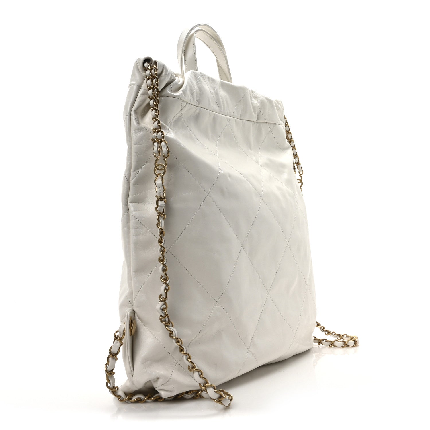 Shiny Calfskin Quilted Chanel 22 Backpack White