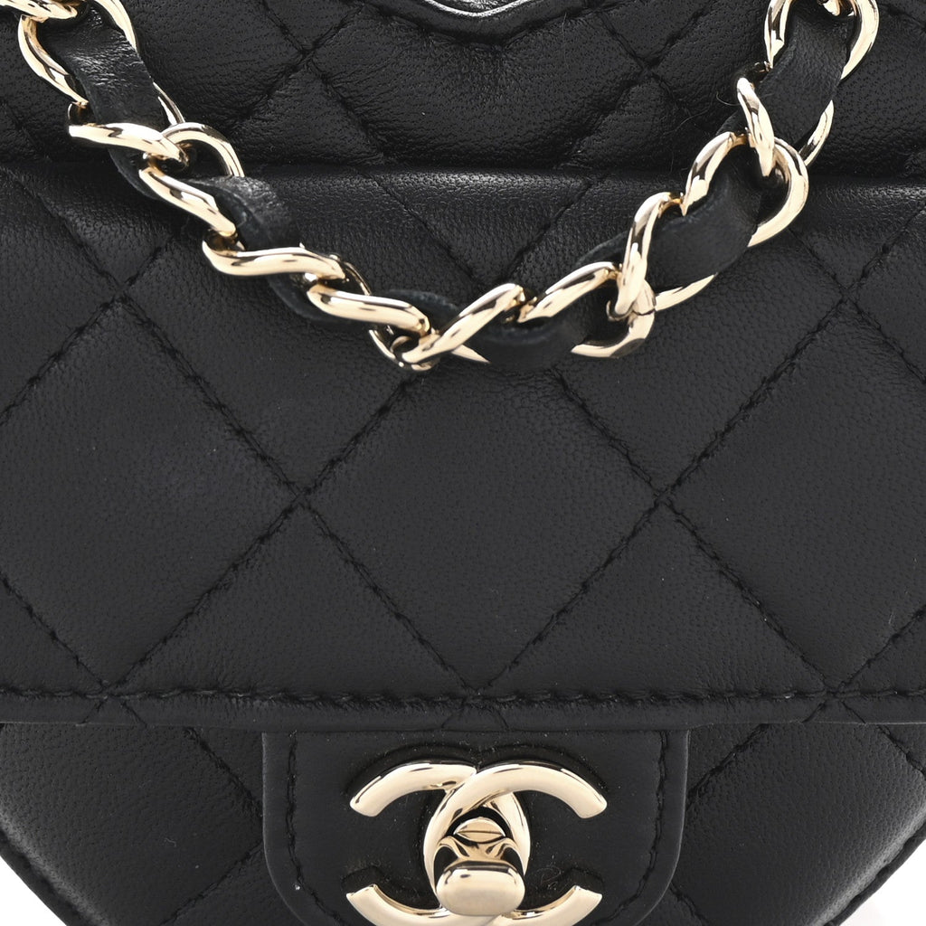 Lambskin Quilted CC In Love Heart Waist Belt Bag With Chain Black