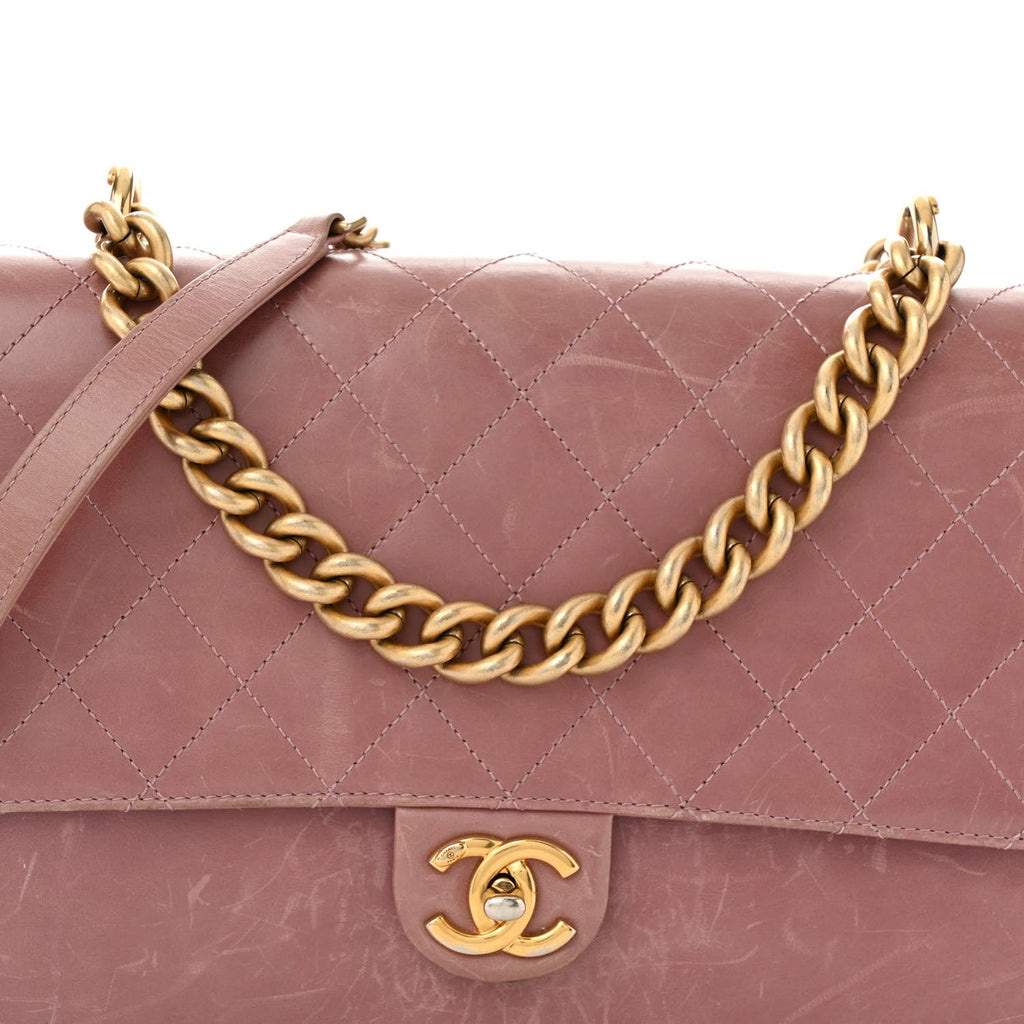 Calfskin Quilted Straight Lined Flap Purple