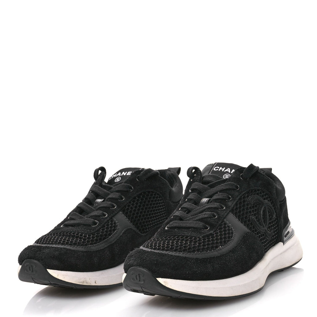 Calfskin Mesh Lycra Suede Womens Logo Sneakers 39 Black