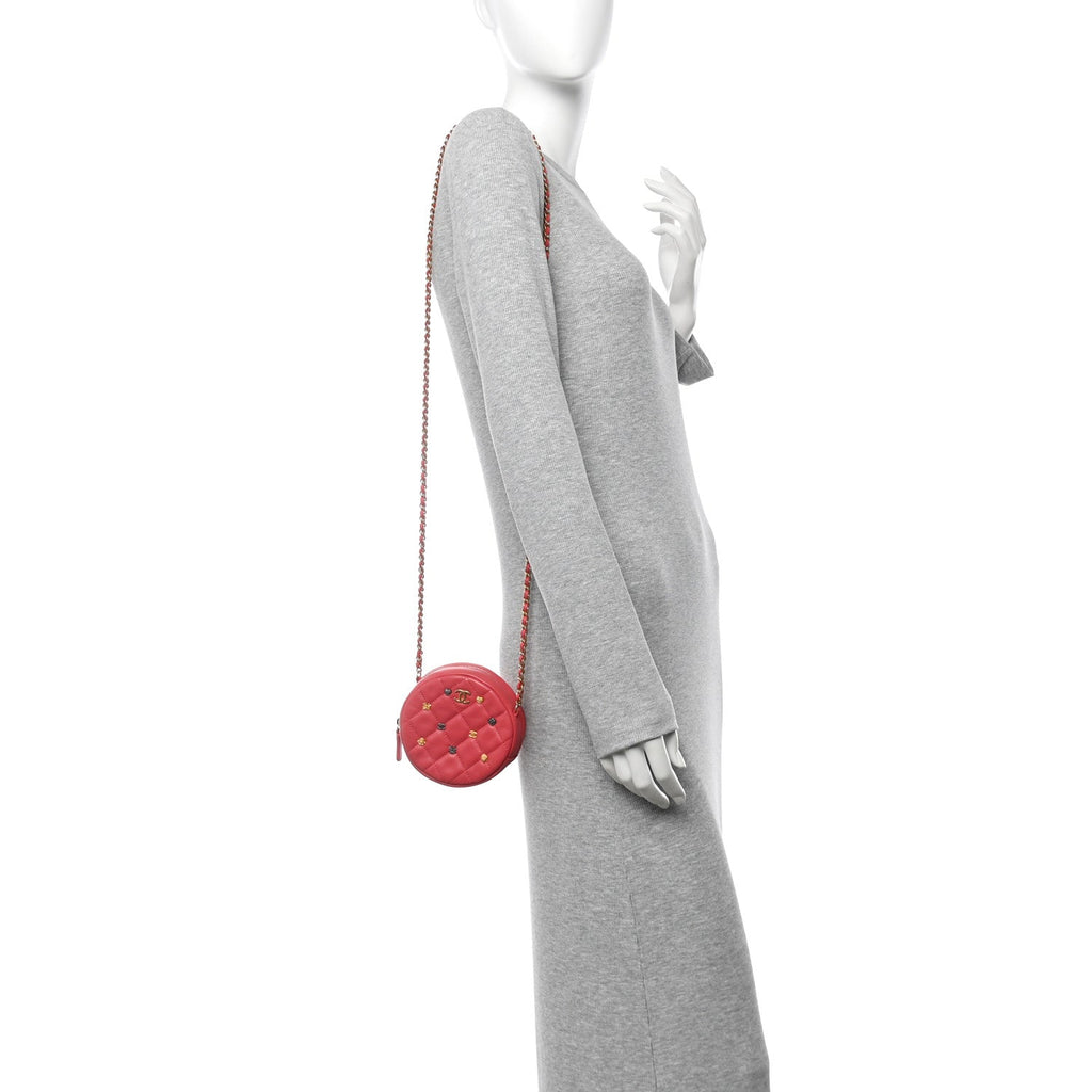 Lambskin Quilted Studded Round Clutch With Chain Dark Pink