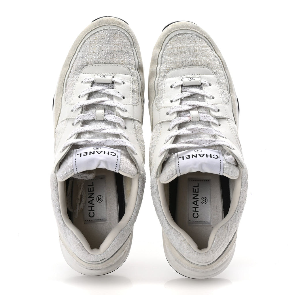 Painted Iridescent Cotton Tweed Suede Womens CC Sneakers 41 White Silver Multicolor