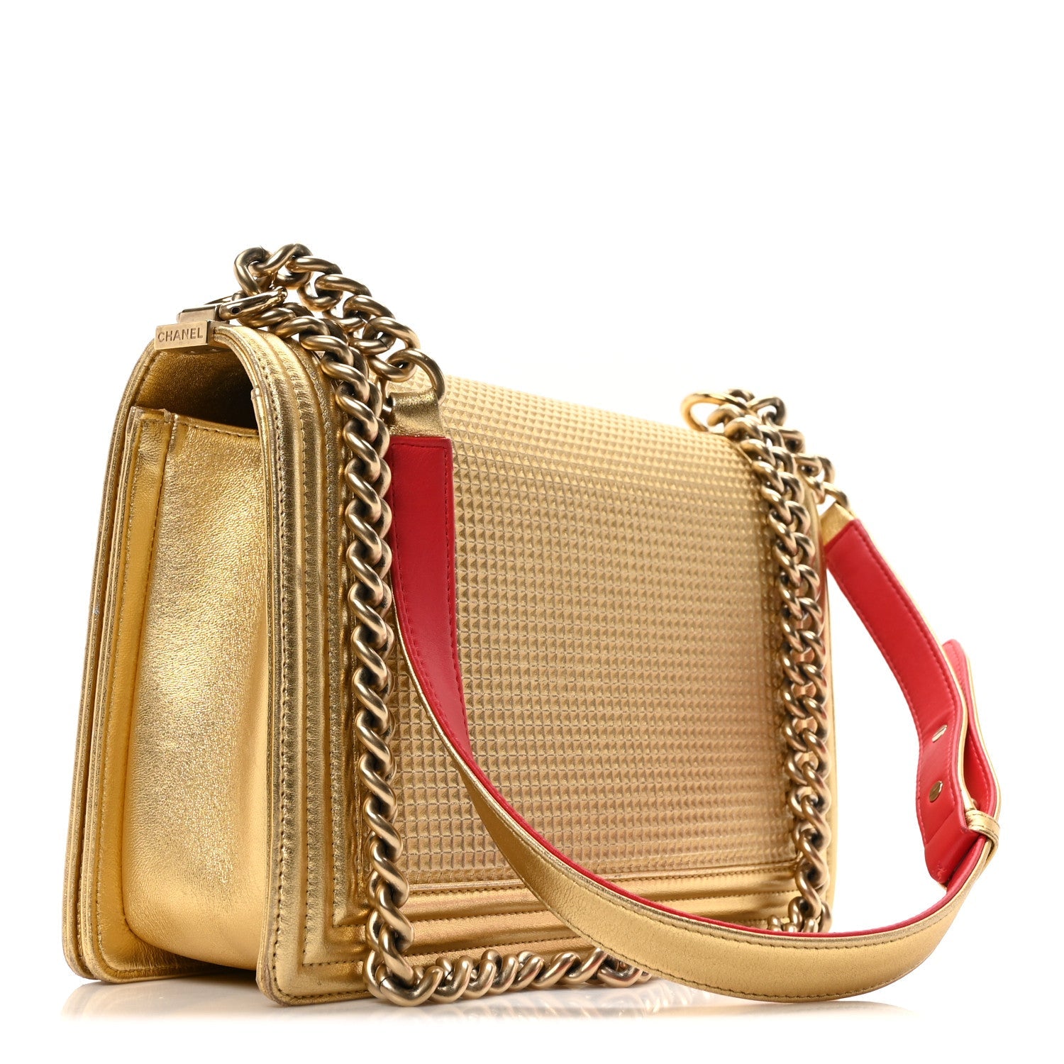 Metallic Lambskin Embossed New Medium Cube Boy Flap Gold