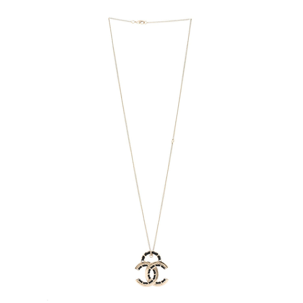 Metal Lambskin CC Pendant Necklace Black Gold
